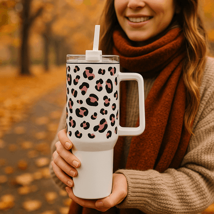 Panterprint tumbler op witte tumbler 900ml roestvrijstaal met dubbelwandige isolatie – Creatieve Aap