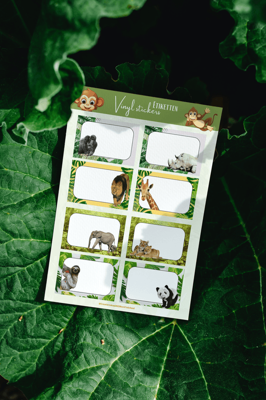 Jungle Dieren Etiketten - Set van 8 Vinyl Stickers 11 x 16 cm per vel