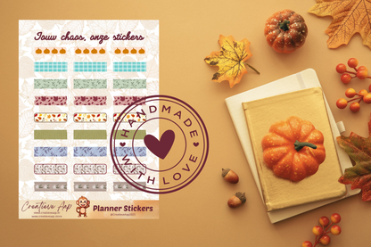 Planner stickers “Washi Herfst” met cozy patronen en blaadjes 🍂✨ – handgemaakt design van Creatieve Aap, verkrijgbaar in A6 en A5 formaat, matte of glans afwerking.