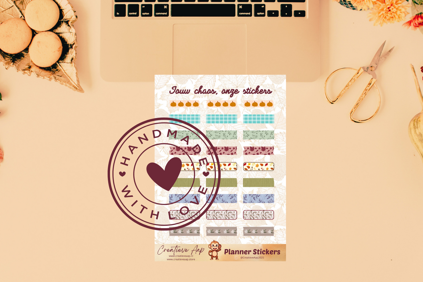 Planner stickers “Washi Herfst” met cozy patronen en blaadjes 🍂✨ – handgemaakt design van Creatieve Aap, verkrijgbaar in A6 en A5 formaat, matte of glans afwerking.