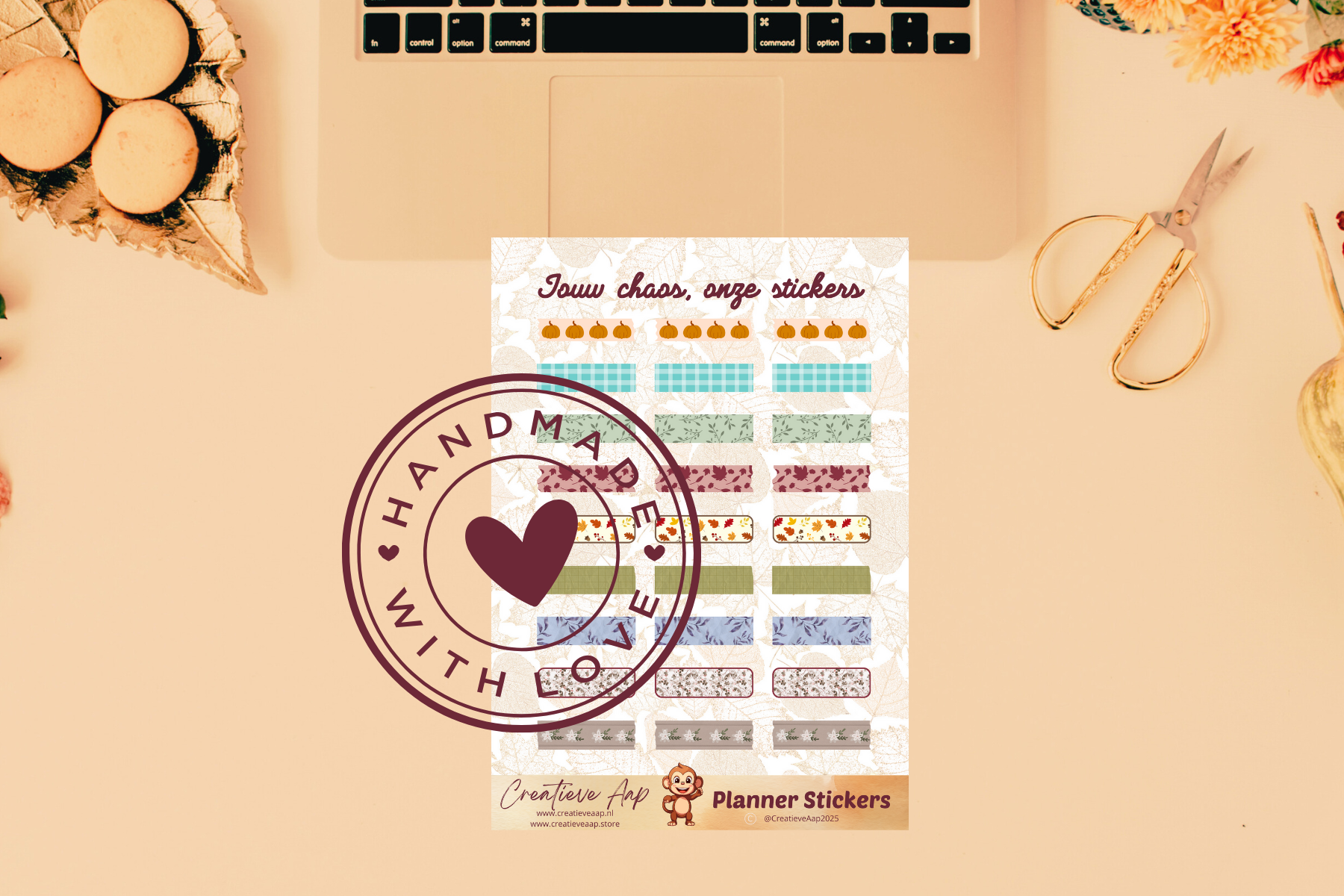 Planner stickers “Washi Herfst” met cozy patronen en blaadjes 🍂✨ – handgemaakt design van Creatieve Aap, verkrijgbaar in A6 en A5 formaat, matte of glans afwerking.