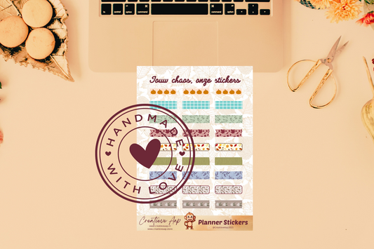 Planner stickers “Washi Herfst” met cozy patronen en blaadjes 🍂✨ – handgemaakt design van Creatieve Aap, verkrijgbaar in A6 en A5 formaat, matte of glans afwerking.