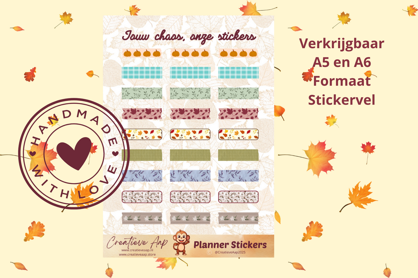 Planner stickers “Washi Herfst” met cozy patronen en blaadjes 🍂✨ – handgemaakt design van Creatieve Aap, verkrijgbaar in A6 en A5 formaat, matte of glans afwerking.