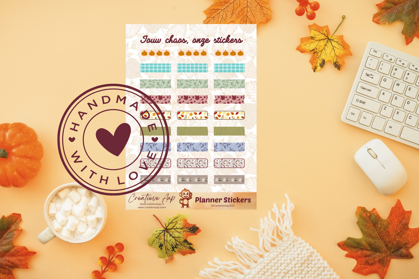 Planner stickers “Washi Herfst” met cozy patronen en blaadjes 🍂✨ – handgemaakt design van Creatieve Aap, verkrijgbaar in A6 en A5 formaat, matte of glans afwerking.