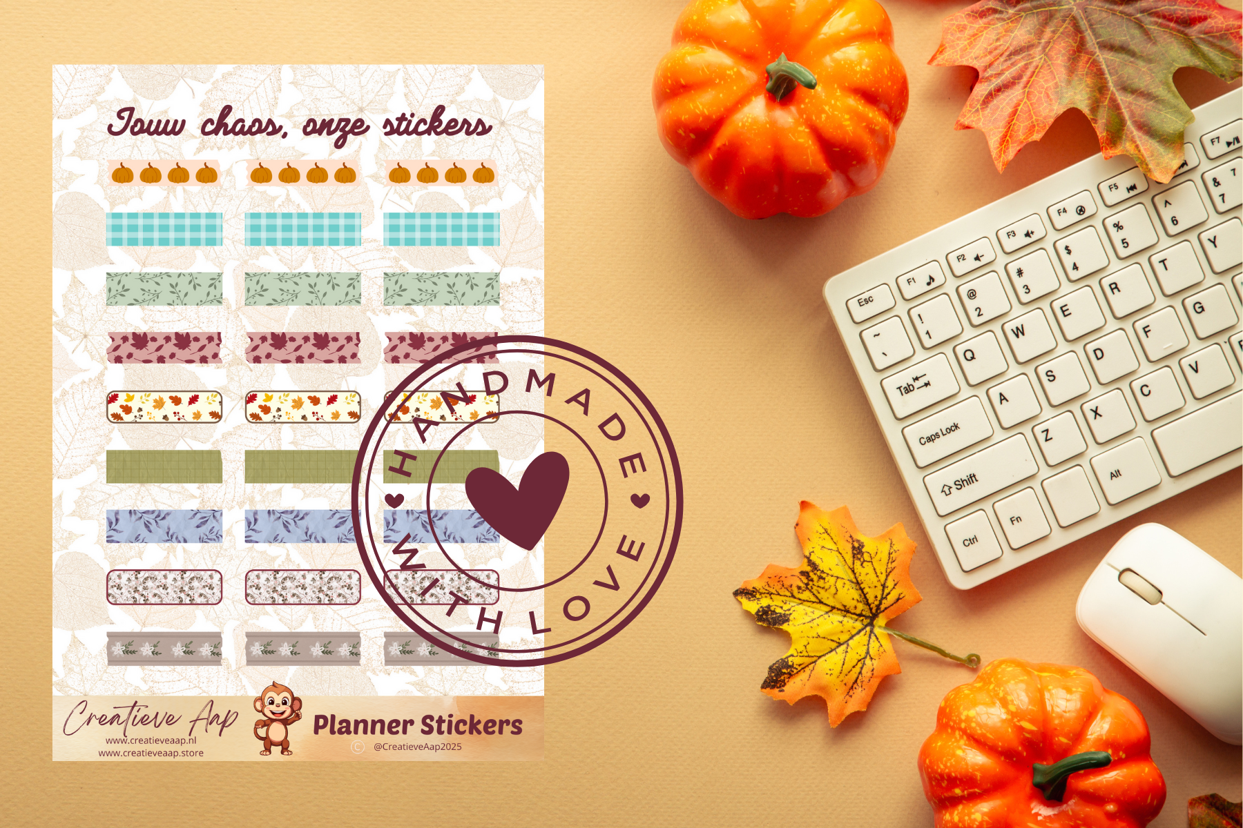 Planner stickers “Washi Herfst” met cozy patronen en blaadjes 🍂✨ – handgemaakt design van Creatieve Aap, verkrijgbaar in A6 en A5 formaat, matte of glans afwerking.