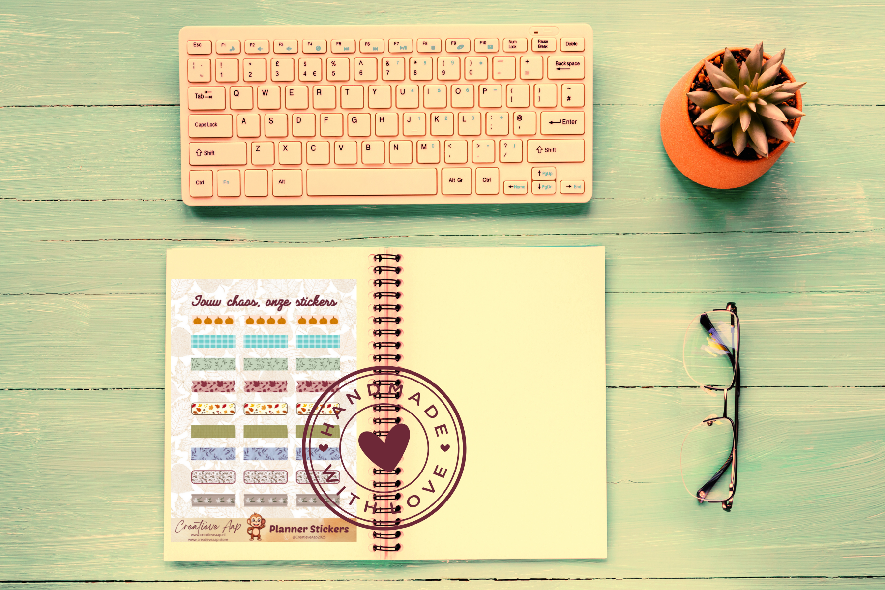 Planner stickers “Washi Herfst” met cozy patronen en blaadjes 🍂✨ – handgemaakt design van Creatieve Aap, verkrijgbaar in A6 en A5 formaat, matte of glans afwerking.