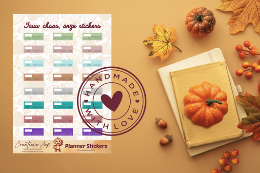 Planner stickers Herfst Water Trackers 2025 🍂 – handgemaakt design van Creatieve Aap. Verkrijgbaar in A6 en A5 formaat, matte of glans afwerking.