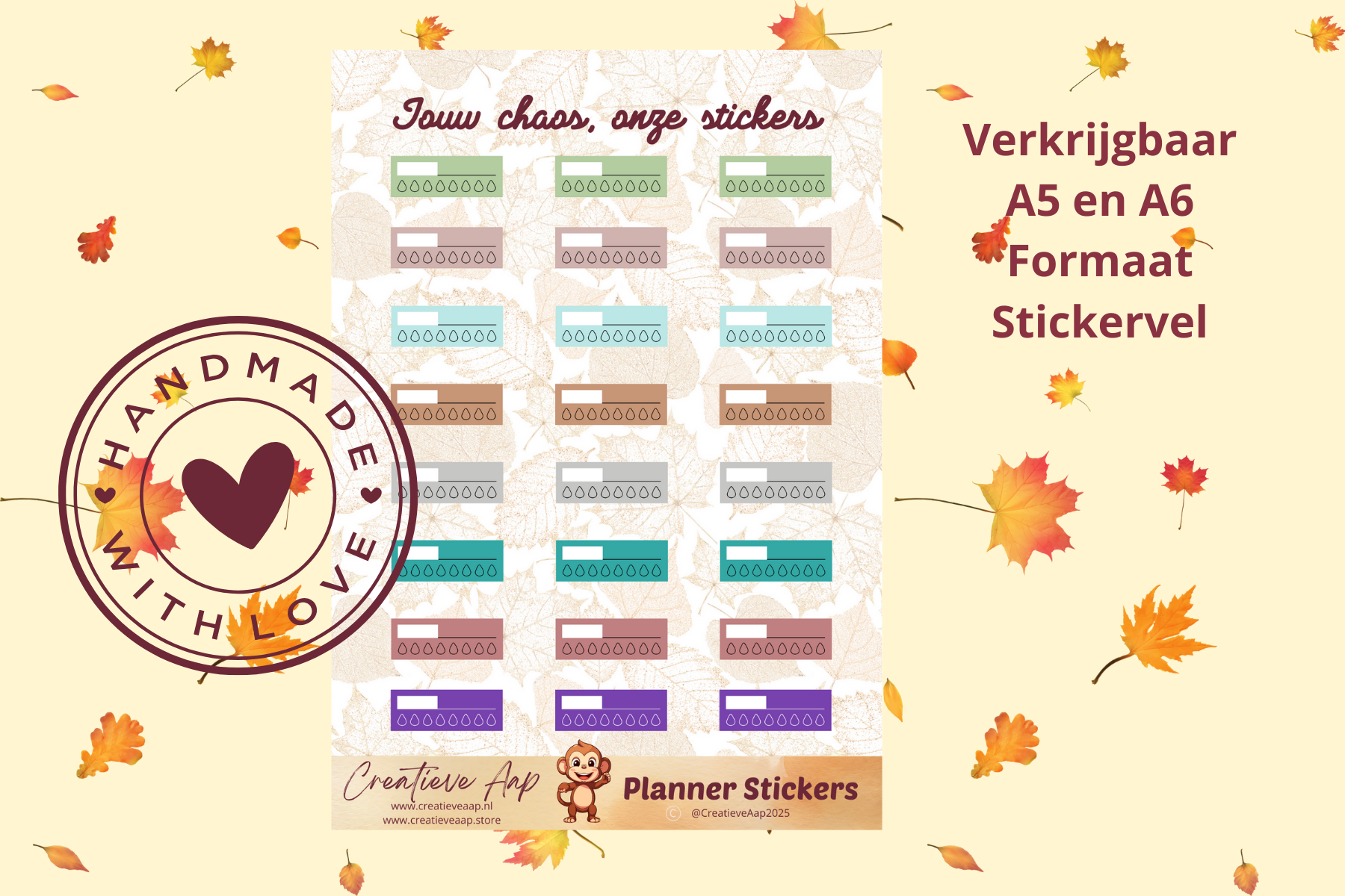 Planner stickers Herfst Water Trackers 2025 🍂 – handgemaakt design van Creatieve Aap. Verkrijgbaar in A6 en A5 formaat, matte of glans afwerking.