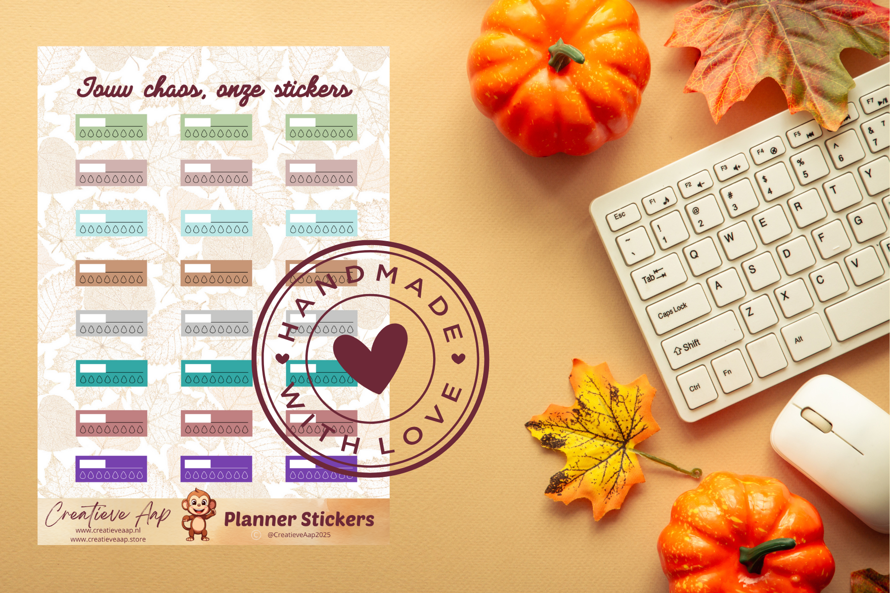 Planner stickers Herfst Water Trackers 2025 🍂 – handgemaakt design van Creatieve Aap. Verkrijgbaar in A6 en A5 formaat, matte of glans afwerking.