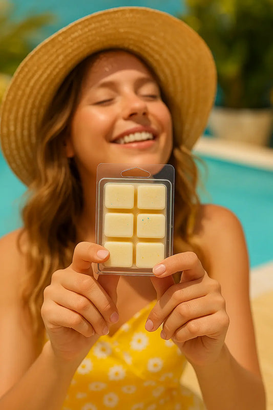 Handgemaakte Waxmelts Lemongras – frisse gele geurblokjes van 80g met glans, gepresenteerd in zomerse sfeer bij citroen en rotan placemat