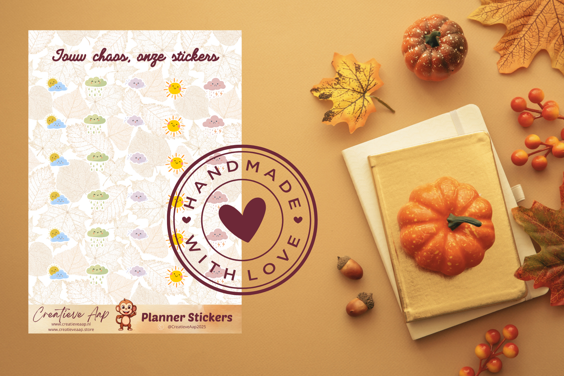 Planner stickers “Weer Icons” in herfstkleuren 🌦🍂✨ – met zon, wolken en regen icoontjes. Handgemaakt design van Creatieve Aap, verkrijgbaar in A6 en A5 formaat, matte of glans afwerking.