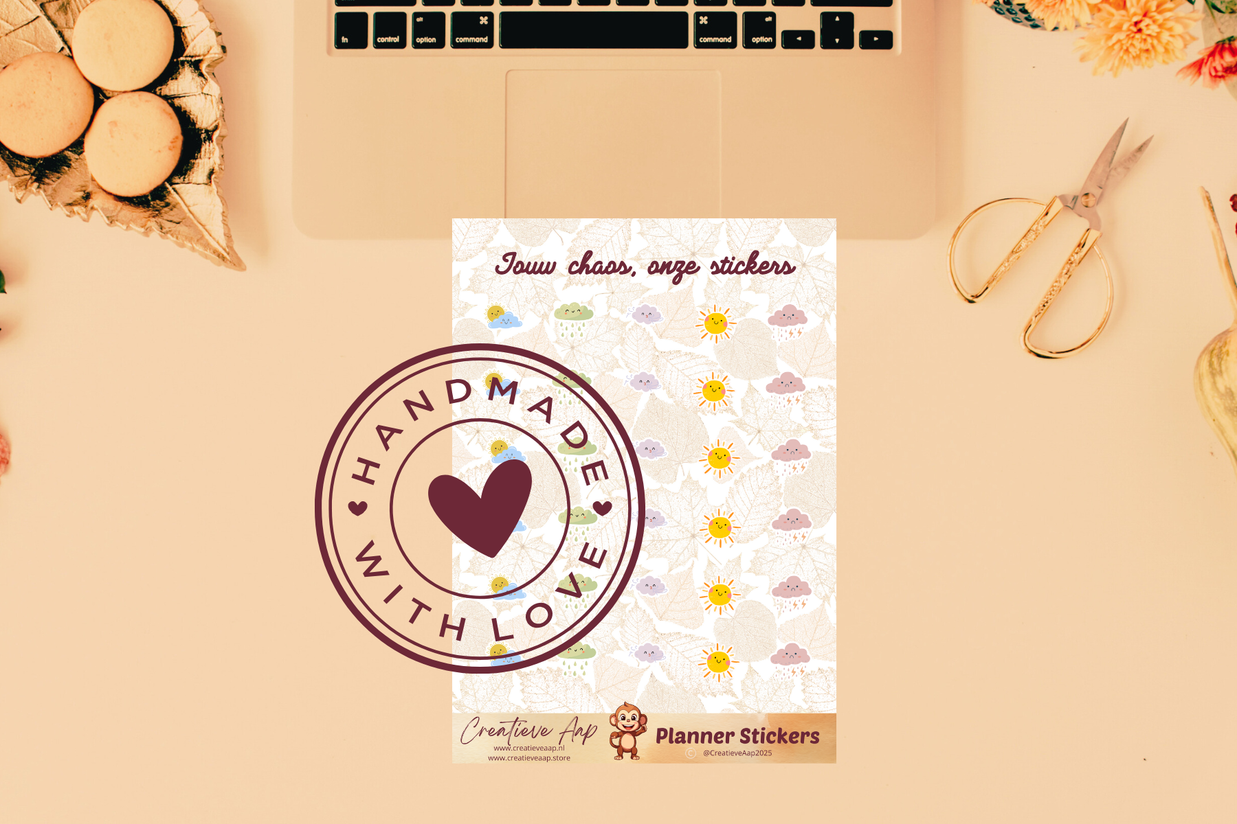 Planner stickers “Weer Icons” in herfstkleuren 🌦🍂✨ – met zon, wolken en regen icoontjes. Handgemaakt design van Creatieve Aap, verkrijgbaar in A6 en A5 formaat, matte of glans afwerking.