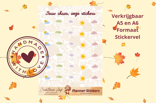 Planner stickers “Weer Icons” in herfstkleuren 🌦🍂✨ – met zon, wolken en regen icoontjes. Handgemaakt design van Creatieve Aap, verkrijgbaar in A6 en A5 formaat, matte of glans afwerking.