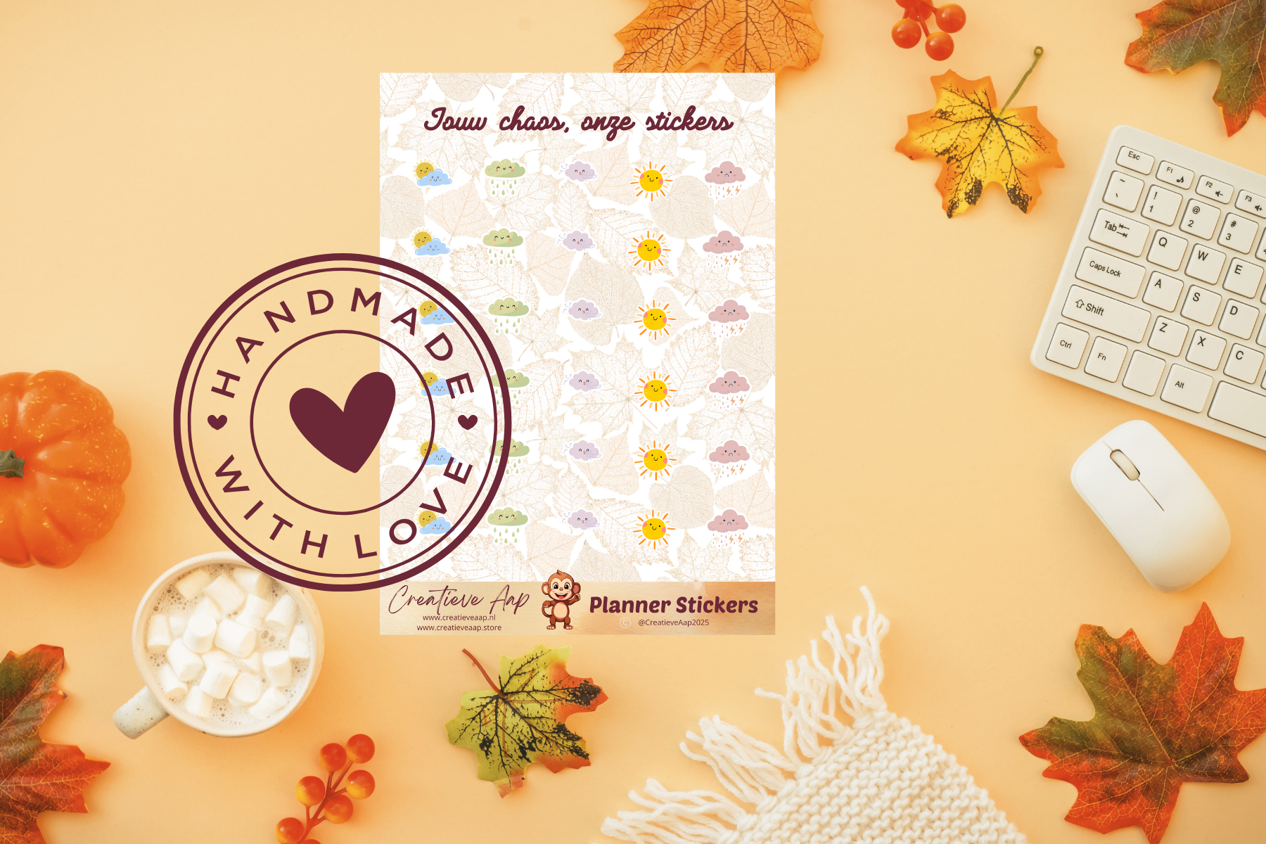 Planner stickers “Weer Icons” in herfstkleuren 🌦🍂✨ – met zon, wolken en regen icoontjes. Handgemaakt design van Creatieve Aap, verkrijgbaar in A6 en A5 formaat, matte of glans afwerking.