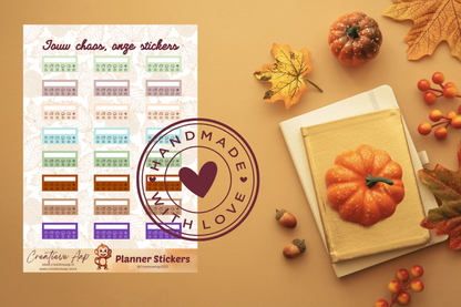 Planner stickers “Weer Tracker” in herfstkleuren 🌦🍂✨ – icoontjes voor zon, regen en wolken. Handgemaakt design van Creatieve Aap, verkrijgbaar in A6 en A5, matte of glans afwerking.