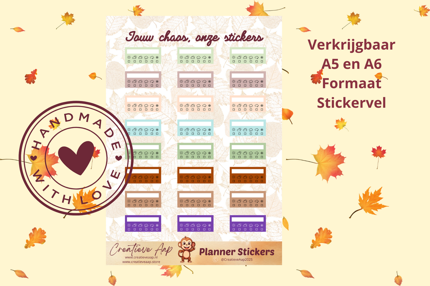 Planner stickers “Weer Tracker” in herfstkleuren 🌦🍂✨ – icoontjes voor zon, regen en wolken. Handgemaakt design van Creatieve Aap, verkrijgbaar in A6 en A5, matte of glans afwerking.