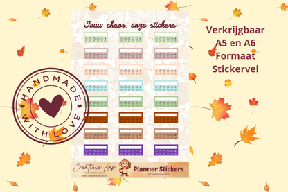 Planner stickers “Weer Tracker” in herfstkleuren 🌦🍂✨ – icoontjes voor zon, regen en wolken. Handgemaakt design van Creatieve Aap, verkrijgbaar in A6 en A5, matte of glans afwerking.