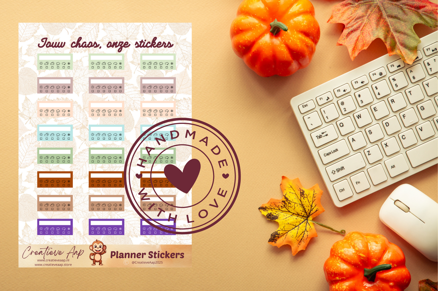 Planner stickers “Weer Tracker” in herfstkleuren 🌦🍂✨ – icoontjes voor zon, regen en wolken. Handgemaakt design van Creatieve Aap, verkrijgbaar in A6 en A5, matte of glans afwerking.