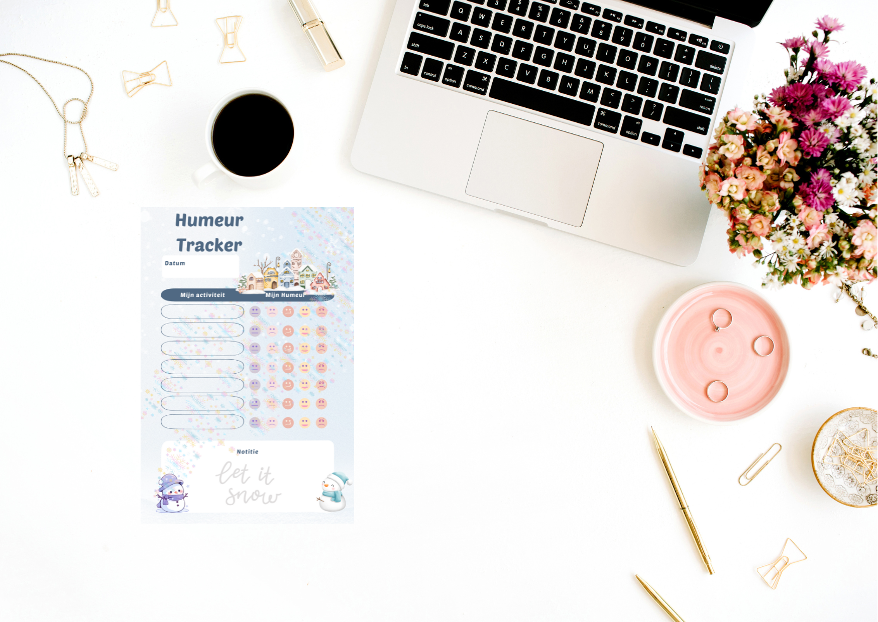 Winter Mood Tracker PDF met een winterse illustratie van een knus dorp, sneeuwpoppen en ruimte voor activiteiten, stemming en notities.