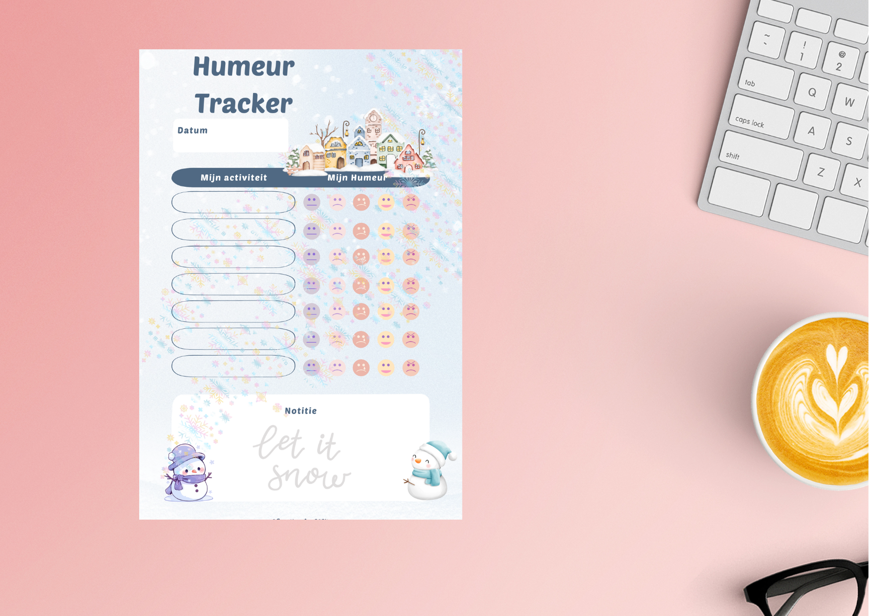 Winter Mood Tracker PDF met een winterse illustratie van een knus dorp, sneeuwpoppen en ruimte voor activiteiten, stemming en notities.