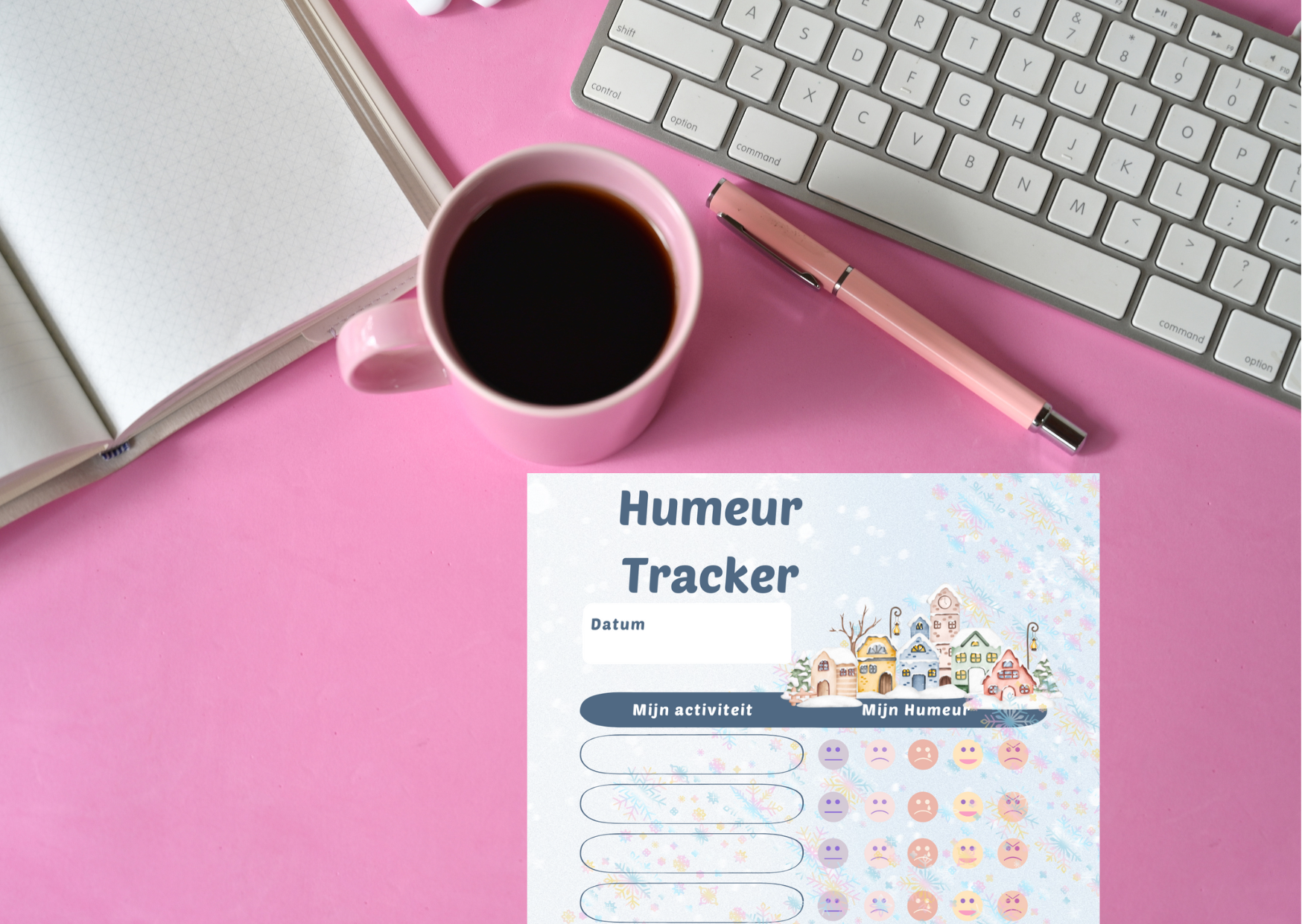 Winter Mood Tracker PDF met een winterse illustratie van een knus dorp, sneeuwpoppen en ruimte voor activiteiten, stemming en notities.