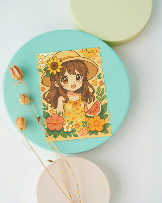 A6 kawaii wenskaart met anime meisje in zomerse jurk, zonnebloemhoed, bloemen en watermeloen – zonnig en kleurrijk ontwerp