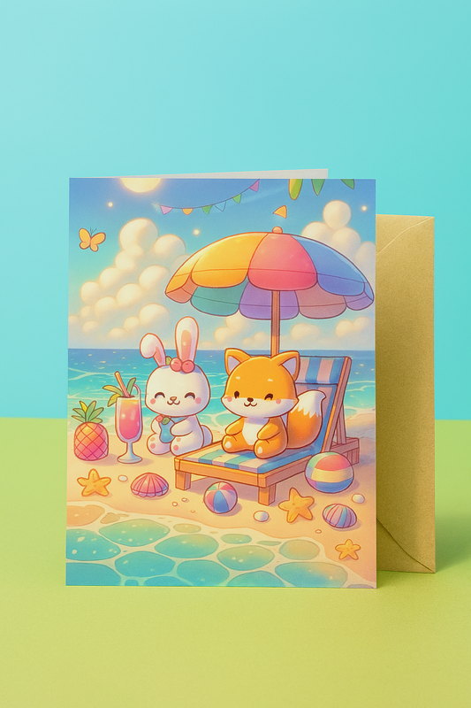 Wenskaart Zomers Genieten – Kawaii Anime Stijl – A6 – Met of Zonder Envelop – Creatieve Aap Creatieve Aap