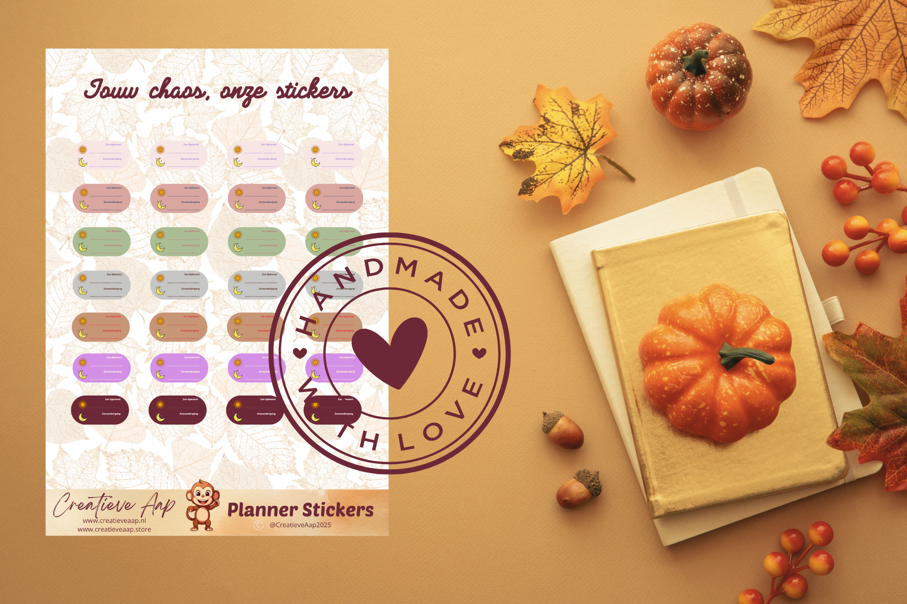Planner stickers “Zon op & Zon onder Tracker” in herfstkleuren 🍂🌞🌙 – handgemaakt design van Creatieve Aap, verkrijgbaar in A6 en A5 formaat, matte of glanzende afwerking.