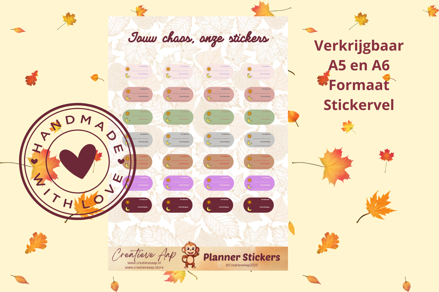 Planner stickers “Zon op & Zon onder Tracker” in herfstkleuren 🍂🌞🌙 – handgemaakt design van Creatieve Aap, verkrijgbaar in A6 en A5 formaat, matte of glanzende afwerking.