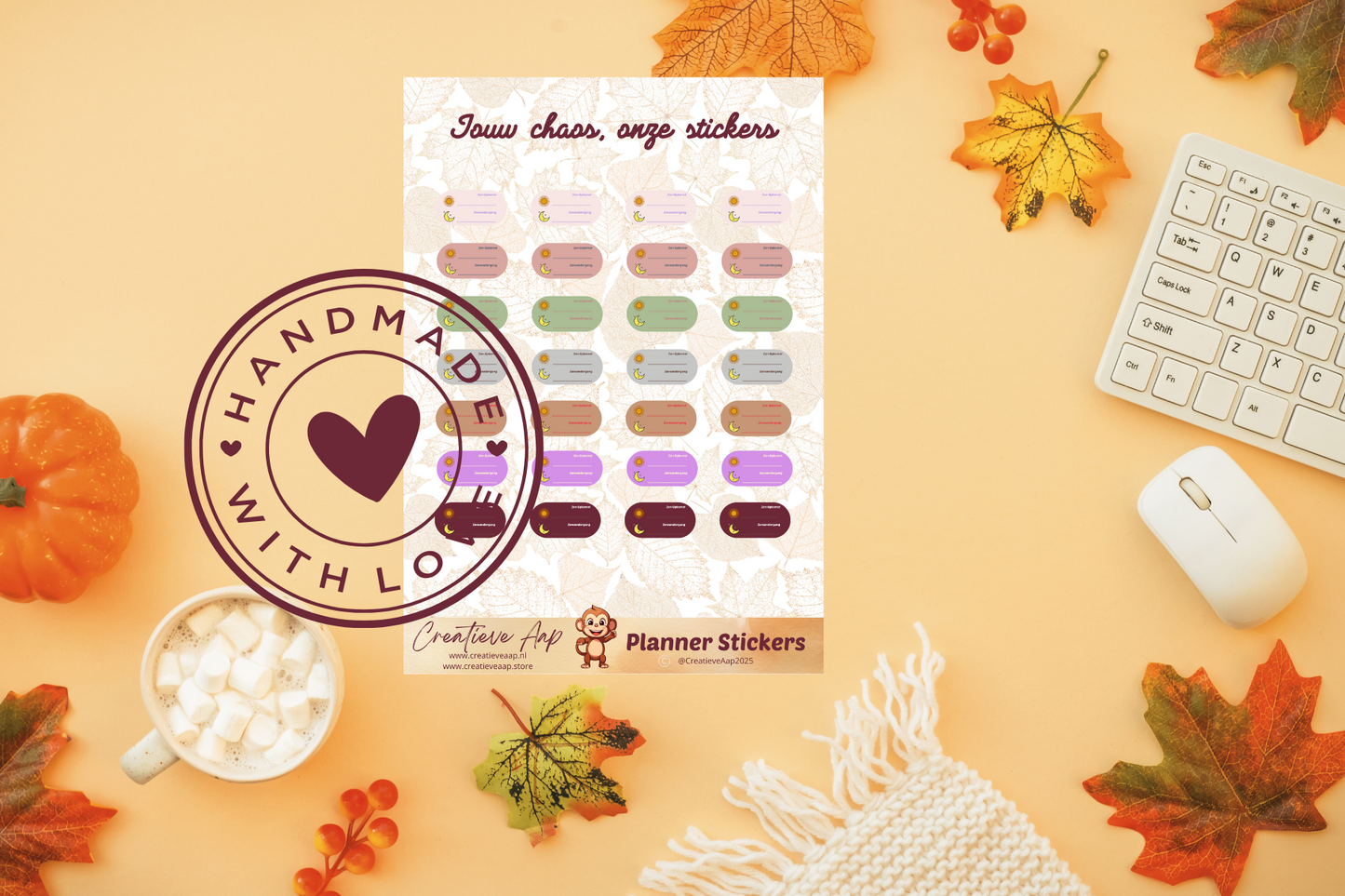 Planner stickers “Zon op & Zon onder Tracker” in herfstkleuren 🍂🌞🌙 – handgemaakt design van Creatieve Aap, verkrijgbaar in A6 en A5 formaat, matte of glanzende afwerking.