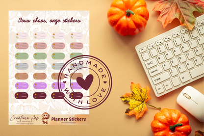 Planner stickers “Zon op & Zon onder Tracker” in herfstkleuren 🍂🌞🌙 – handgemaakt design van Creatieve Aap, verkrijgbaar in A6 en A5 formaat, matte of glanzende afwerking.