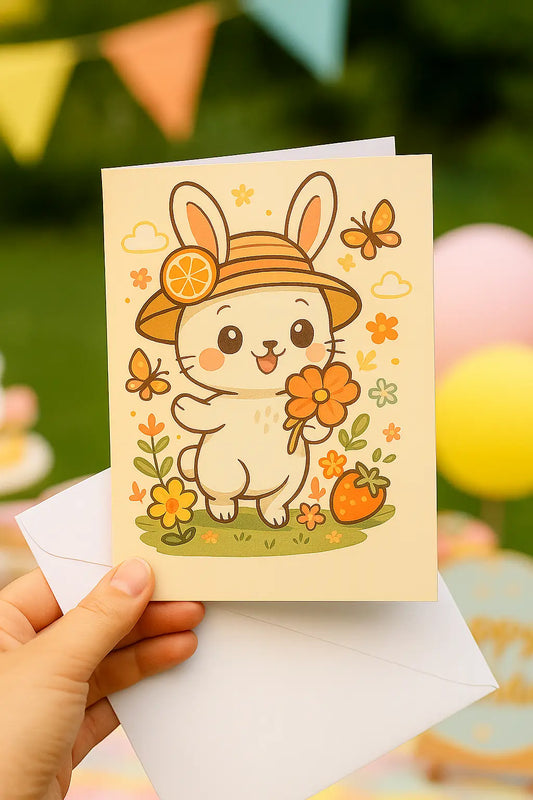 Handgemaakte wenskaart met konijntje Maggie vriend in bloemenveld – kawaii zomerkaart A6 formaat