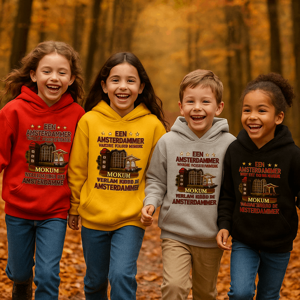 Kinder hoodie met Mokum Amsterdammertje design – grachtenpand en brug met tekst “Mokum verlaat nooit de Amsterdammer” – verkrijgbaar in Red, Gold, Sporty Grey en Black.