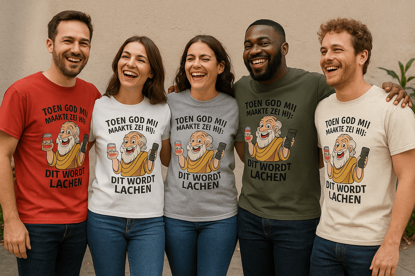 Groepsfoto van vijf volwassenen die samen lachen en het Humor T-shirt dragen in verschillende kleuren (rood, legergroen, grijs, wit en natural). Het shirt toont een cartoon van God met bier en afstandsbediening en de tekst “Toen God mij maakte zei hij: Dit wordt lachen”.