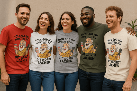 Groepsfoto van vijf volwassenen die samen lachen en het Humor T-shirt dragen in verschillende kleuren (rood, legergroen, grijs, wit en natural). Het shirt toont een cartoon van God met bier en afstandsbediening en de tekst “Toen God mij maakte zei hij: Dit wordt lachen”.