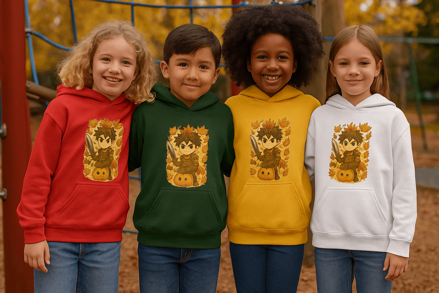Vier kinderen dragen de “Herfst Warrior Strijder” kinder hoodie in rood, groen, goud en wit – design met kawaii anime strijder, pompoen en herfstbladeren.