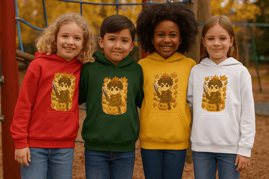 Vier kinderen dragen de “Herfst Warrior Strijder” kinder hoodie in rood, groen, goud en wit – design met kawaii anime strijder, pompoen en herfstbladeren.