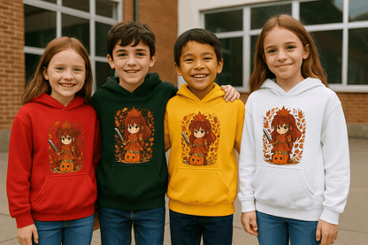 Vier kinderen dragen de “Herfst Warrior Strijdster” hoodie in rood, groen, goud en wit – kawaii anime strijdster met pompoen en herfstbladeren.