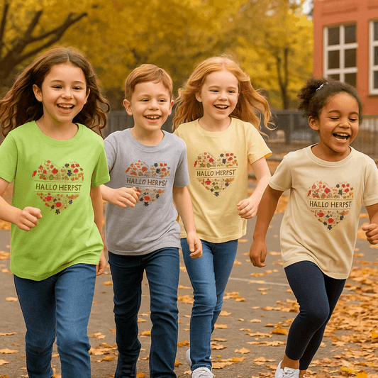 Vier kinderen dragen het “Hallo Herfst Hart” kinder t-shirt in de kleuren Yellow Haze, Sand, Grijs en Lime. Herfstsetting met bladeren – Creatieve Aap.