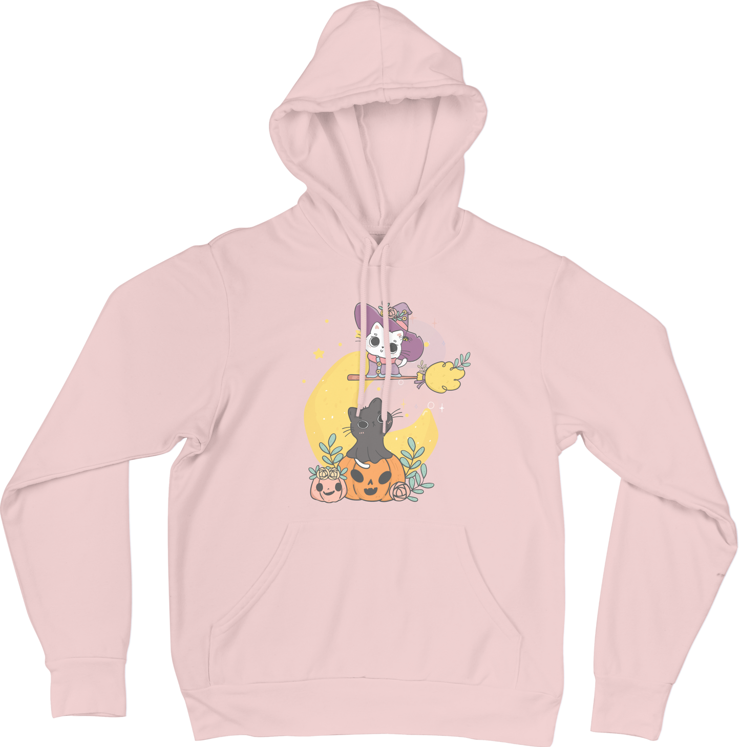 Roze Hoodie met Capuchon en Super Kawaii Design - Schattige Heks en Kat op Pompoen - Creatieve Aap