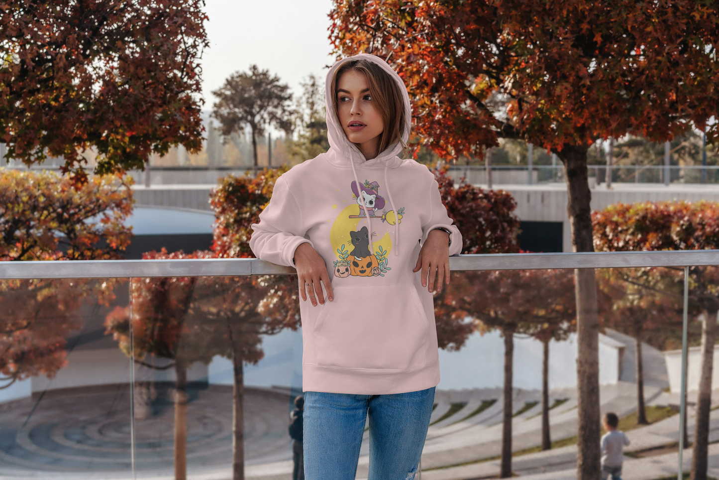 Roze Hoodie met Capuchon en Super Kawaii Design - Schattige Heks en Kat op Pompoen - Creatieve Aap