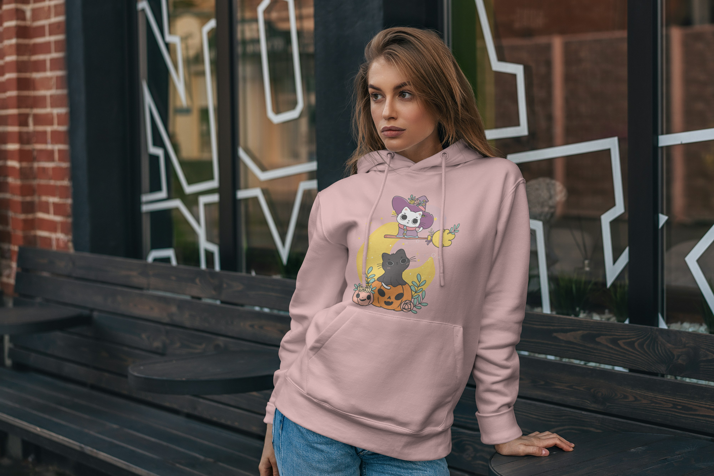 Roze Hoodie met Capuchon en Super Kawaii Design - Schattige Heks en Kat op Pompoen - Creatieve Aap