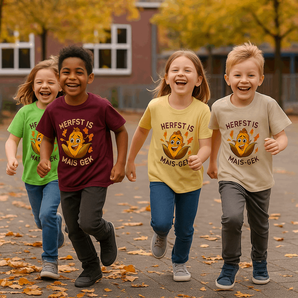 Vier kinderen dragen het “Herfst is Mais-Gek” kinder t-shirt in de kleuren Yellow Haze, Sand, Maron en Lime. Herfstsetting met bladeren – Creatieve Aap.