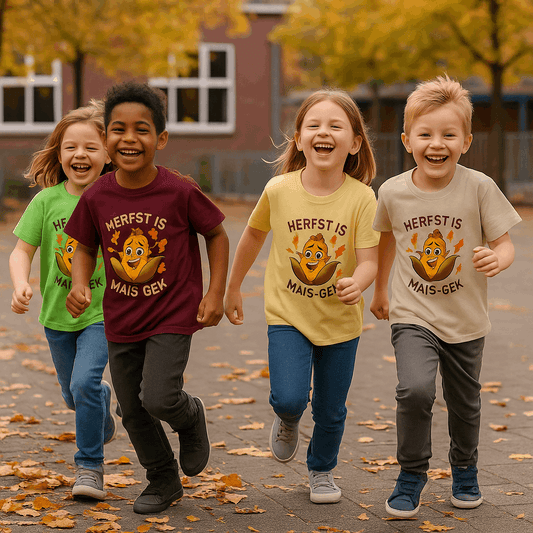 Vier kinderen dragen het “Herfst is Mais-Gek” kinder t-shirt in de kleuren Yellow Haze, Sand, Maron en Lime. Herfstsetting met bladeren – Creatieve Aap.