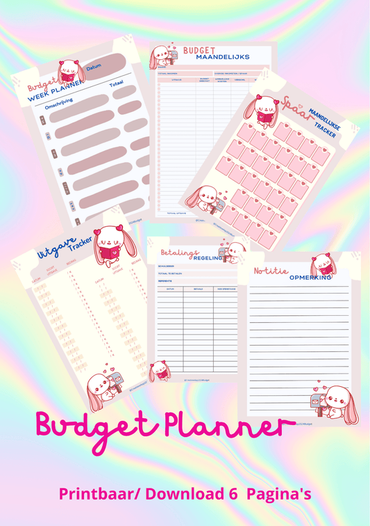 Kawaii Budget Bliss - Printbare/Downloadbare 6-in-1 Financiële Planner met Schattige Konijntjes
