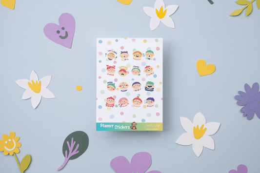 Anime Geluk: Set van 16 Planner Stickers met Happy Faces en Grappige en Lieve Teksten