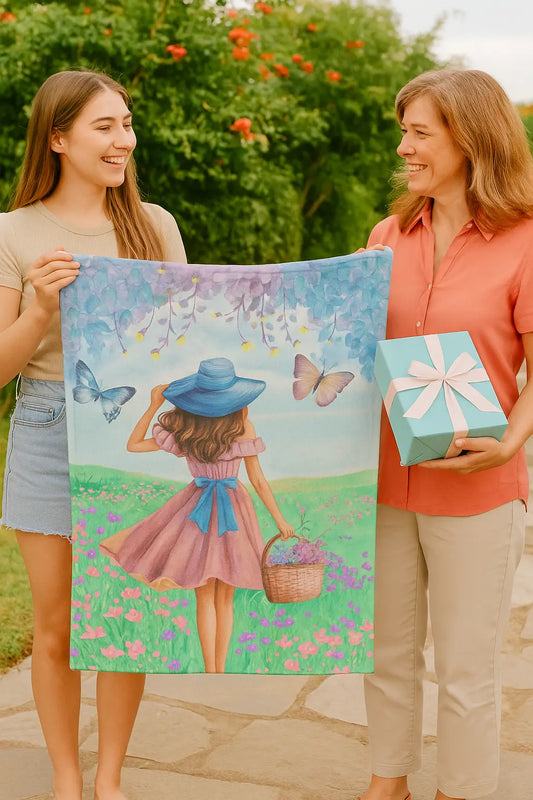 Fleece Deken Meisje met Vlinders – Zachte en Warme Deken met Illustratie van Creatieve Aap Printify