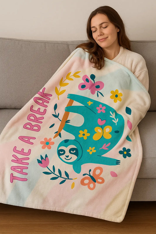 Fleece deken met luiaard – Take a Break – Zachte deken in 3 maten Printify