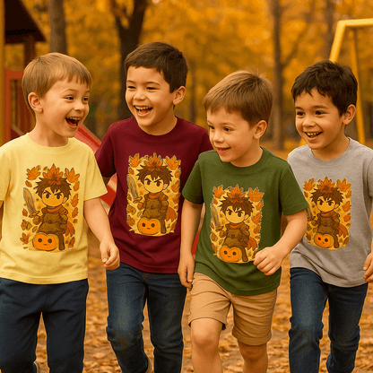 Vier kinderen dragen het “Kawaii Anime Warrior Herfst” kinder t-shirt in de kleuren Yellow Haze, Maron, Military Green en Grey. Herfstbos achtergrond – Creatieve Aap.