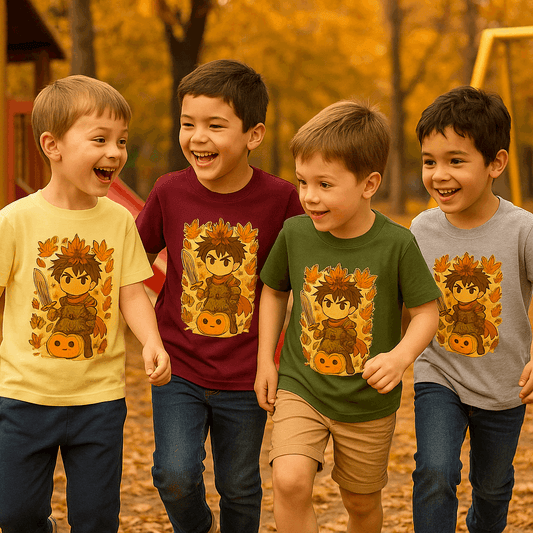 Vier kinderen dragen het “Kawaii Anime Warrior Herfst” kinder t-shirt in de kleuren Yellow Haze, Maron, Military Green en Grey. Herfstbos achtergrond – Creatieve Aap.